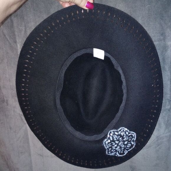 Hand Painted Black Wool Floppy Brim Fedora Hat with Bling - Picture 6 of 7